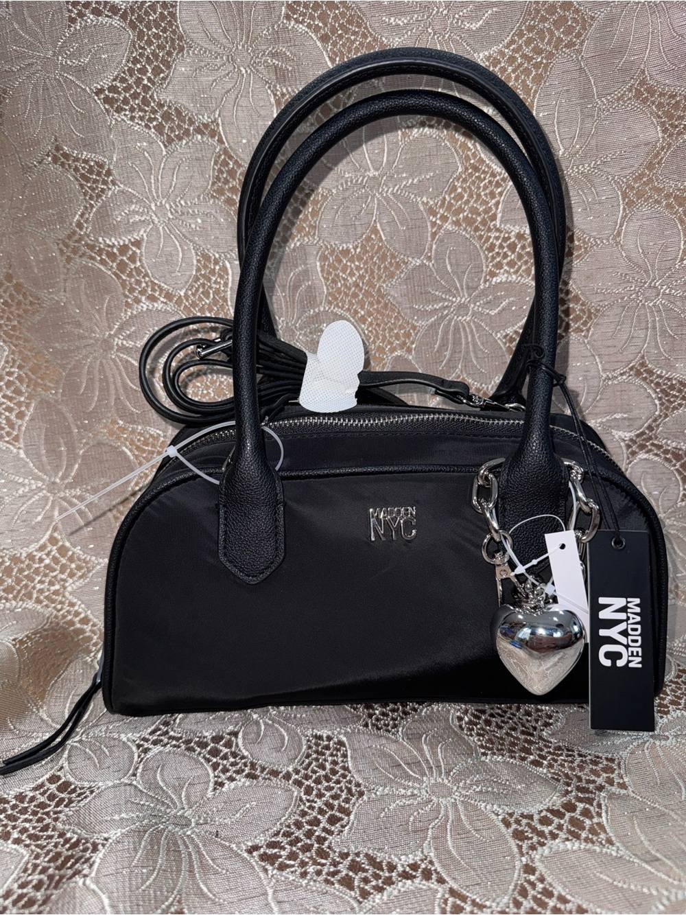 NWT Madden NYC Black Nylon Bowler Bag